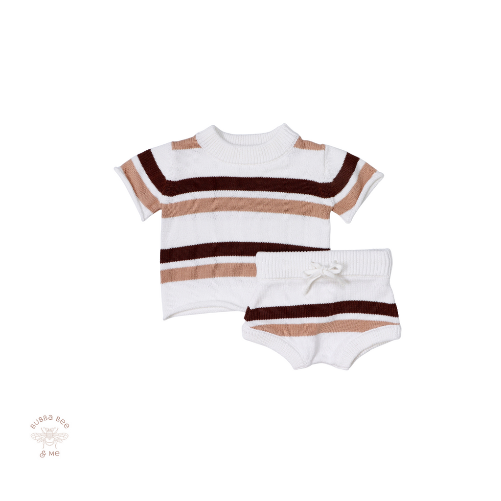 Baby 2 piece knitted set, cocoa and caramel stripes, Bubba Bee & Me.