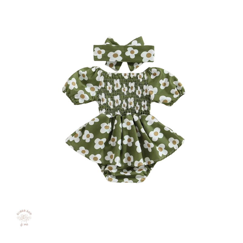 Baby girl green rimowr white flowers ruffle skirt,matching headband,Bubba Bee & Me.