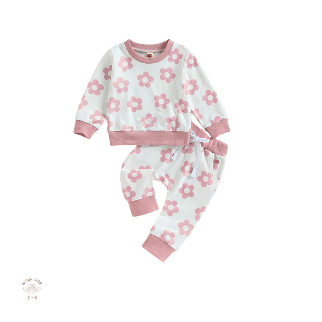 Baby girl white tracksuit, pink flowers mayching headband,Bubba Bee & Me