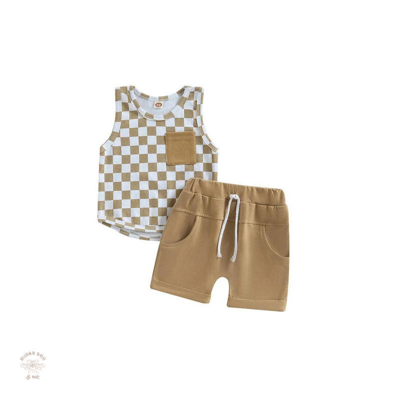 Baby 2 piece Set, check shirt,caramel shorts,Bubba Bee & Me.