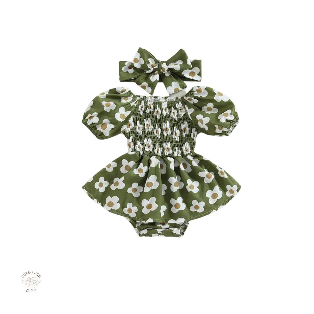Baby girl Green romper, ruffle skirt,white flowers,matching headband,Bubba Bee & Me.