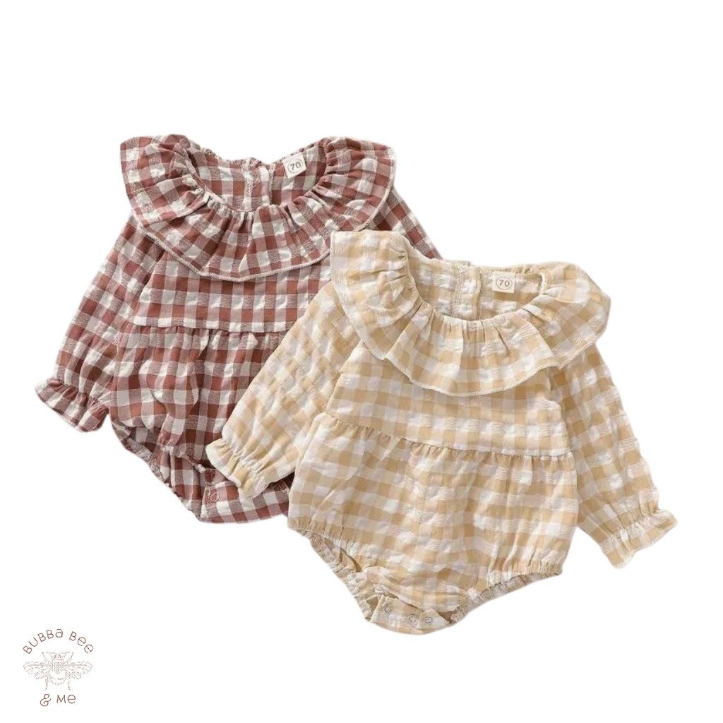 Longsleeve gingham check rompers pink and tan, neck ruffle, Bubba Bee & Me.