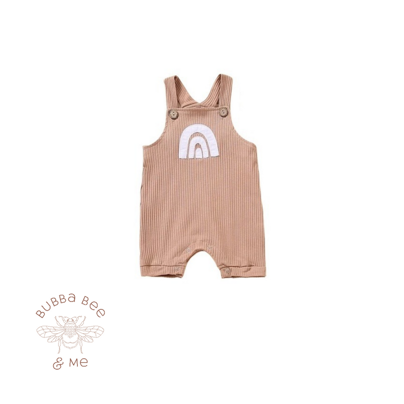 Cotton summer baby romper, tan with white rainbow detail, baby boy, baby girl, Bubba Bee & Me.