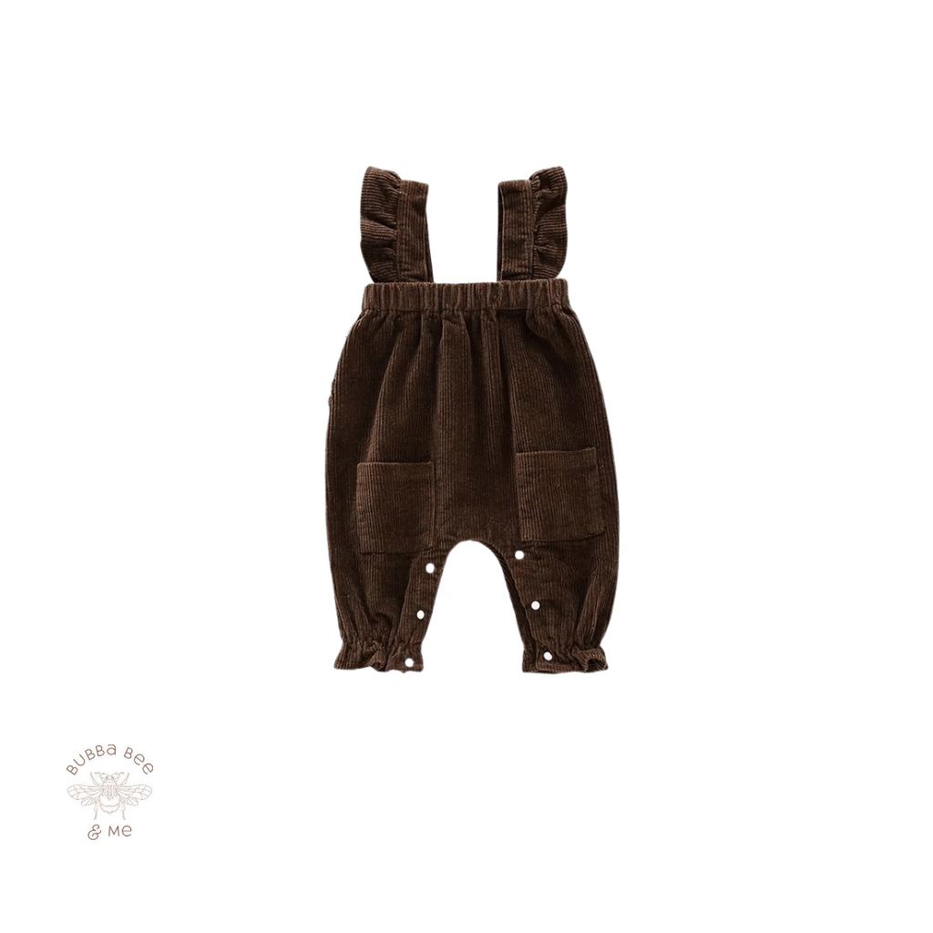 Cotton cord, brown fully lined, Baby Girl ruffle strap, front pockets, winter, Bubba Bee & Me.