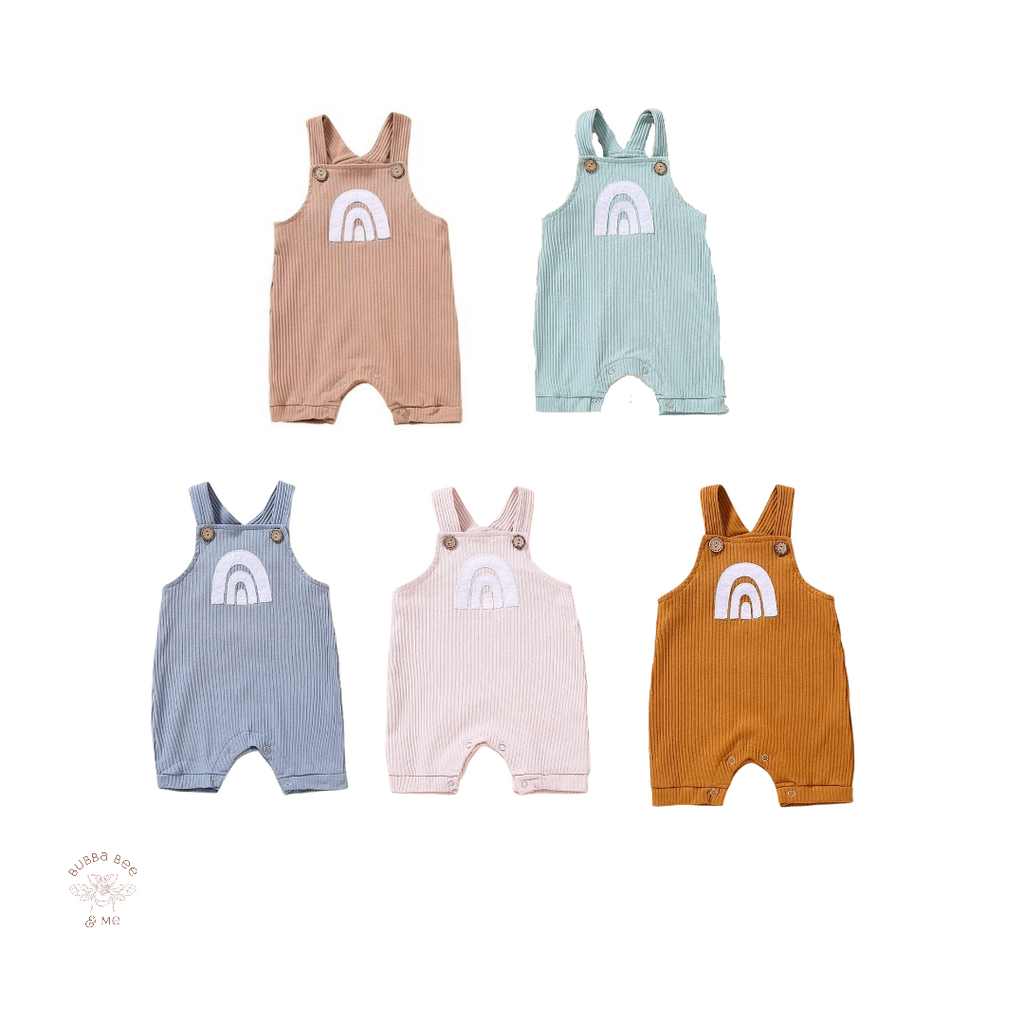 Cotton summer baby romper, tan, mint, blue, pink, mustard, white rainbow detail, baby boy, baby girl, Bubba Bee & Me.