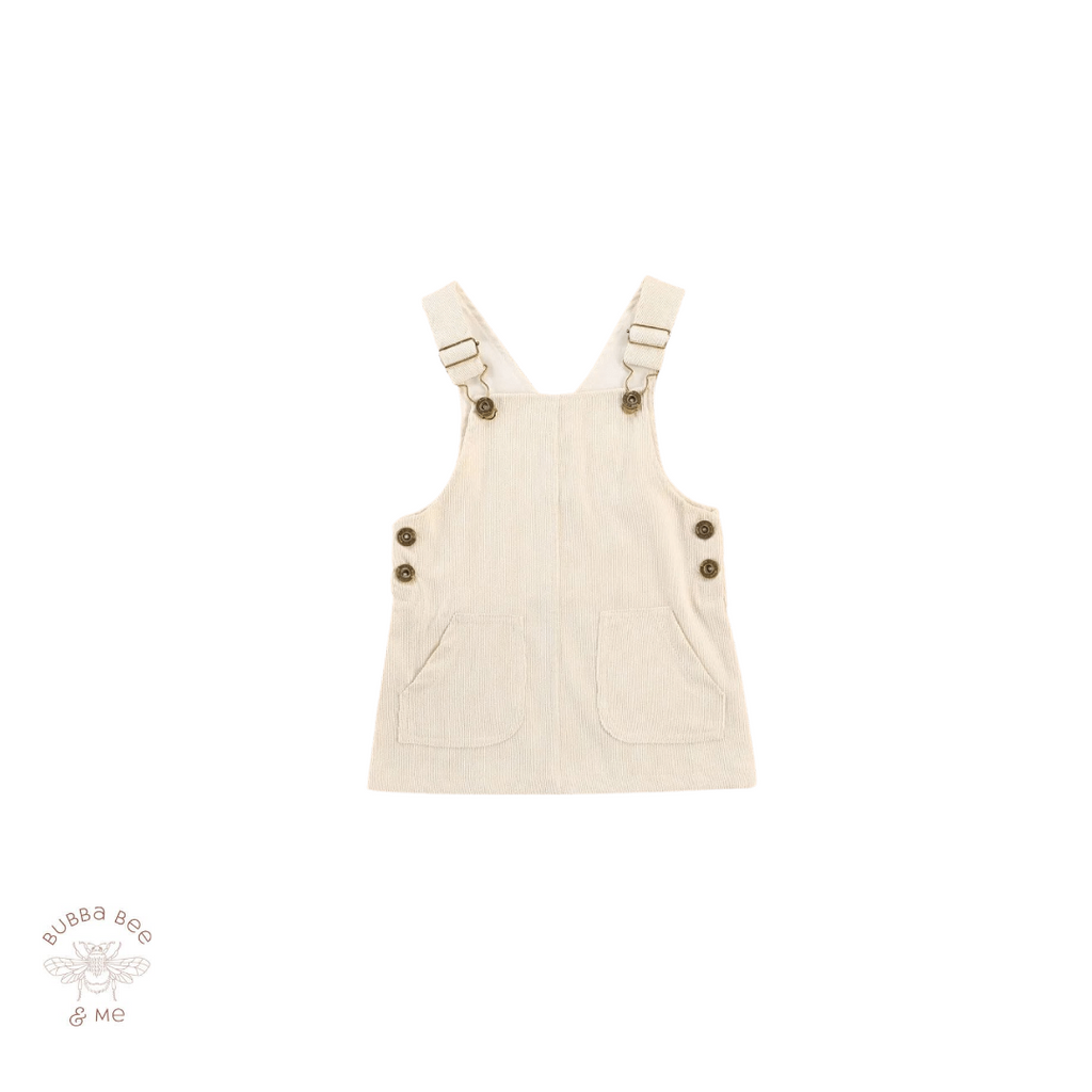 Baby girl cream cord overall dress, summer cord overall dress, Bubba Bee & Me.