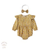 Baby girl, longsleeve mustard romper, floral pattern, ruffle shoulders, matching elastic headband, Bubba Bee & Me.