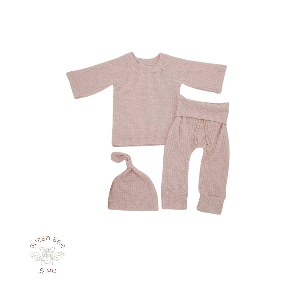 Pink Baby Girl breathable waffle cotton 2 piece set, newborn 3 piece set, Bubba Bee & Me.