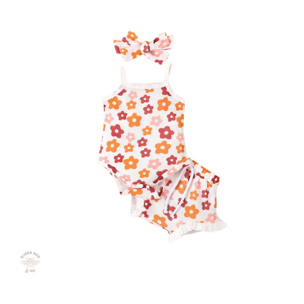 Baby girl Singlet top, ruffle leg bloomers, flower print,matching headband, Bubba Bee & Me.