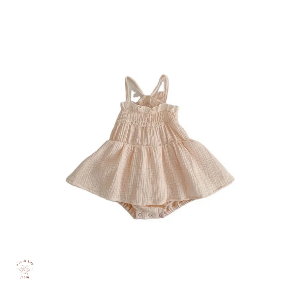 Baby girl romper,ruffle skirt, shoulder straps butter milk colour, Bubba Bee & Me.