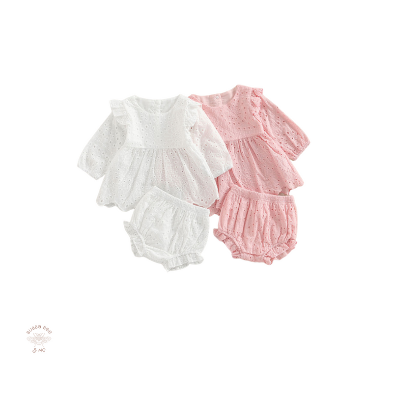 Baby girl Broiderie Anglaise set, pink and white, top and bloomers,Bubba Bee & Me.
