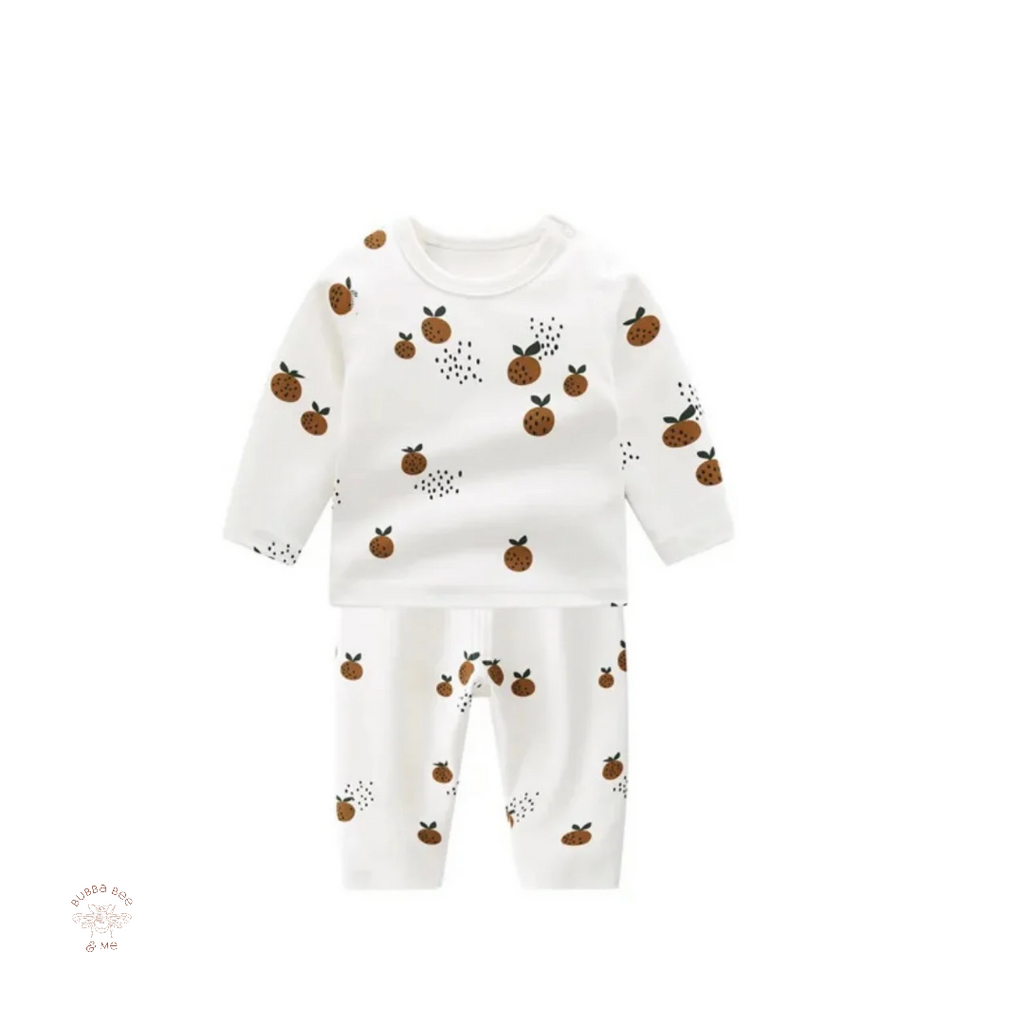 Baby organic 2 piece set, printed with small oranges,Bubba Bee & Me.