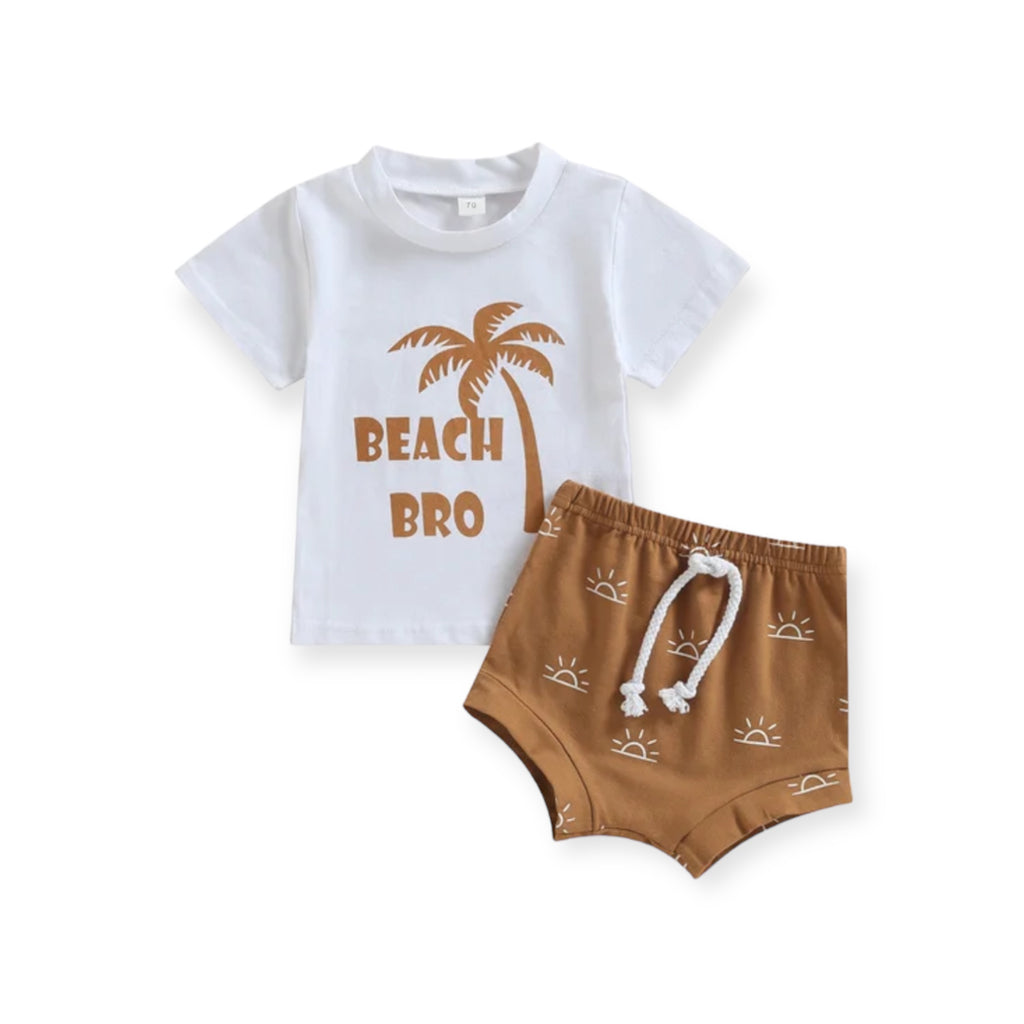 Baby white T Shirt Beach Bro lettering,palm tree print, tan short,white sunrise print, Bubba Bee & Me.